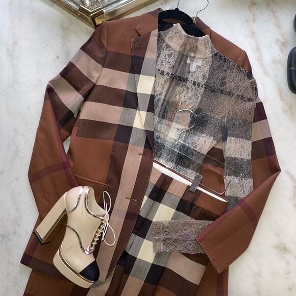 Burberry Checked Stretch-Knit Long Sleeve High Neck Bodysuit in Dark Birch Brown - Picture 8 of 17